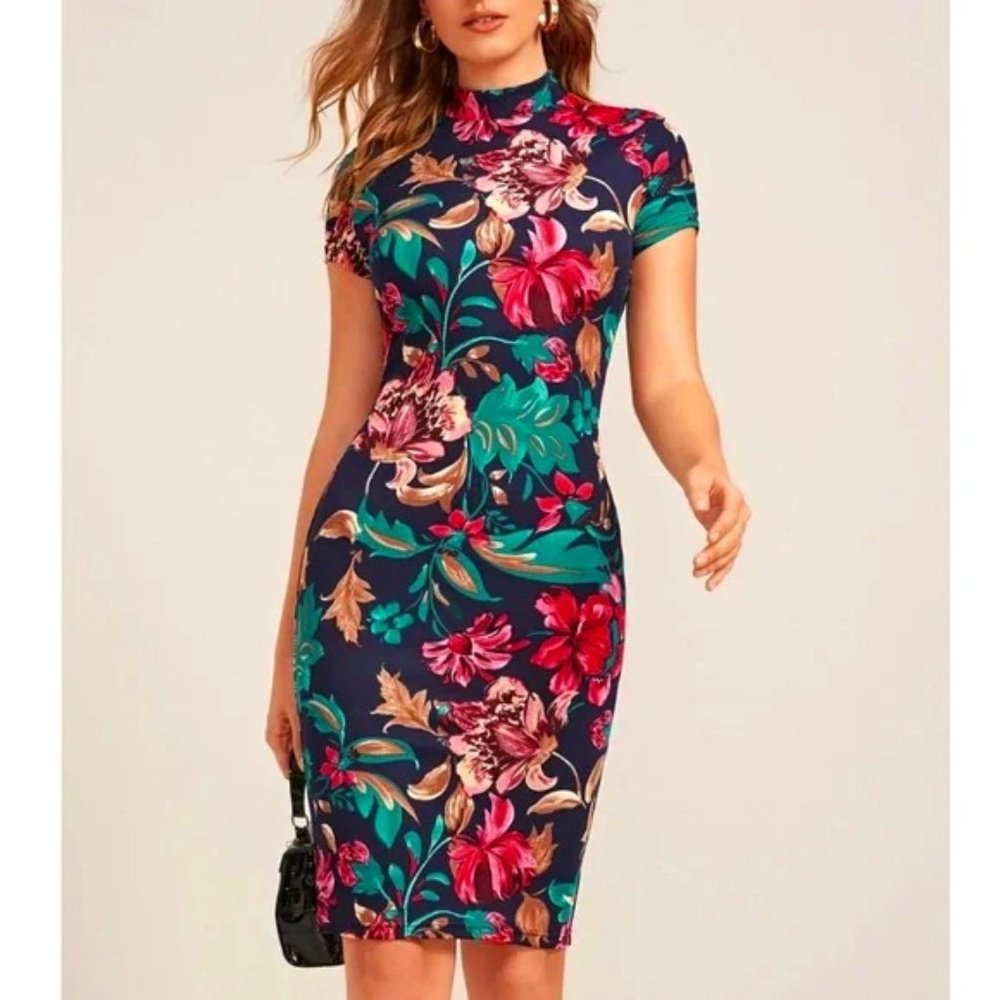 Mock Neck Floral Pattern Navy Blue Slim Dress Knee Length